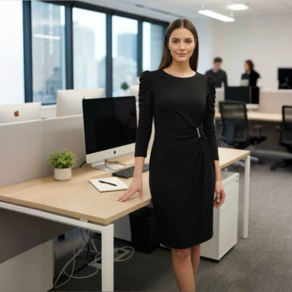 Tommy Hilfiger Ruched Waist Puffed Sleeve Midi Dress - Picture 5 of 15